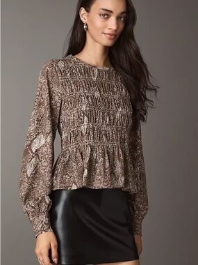 Pilcro Brown Snake-Print Smocked Peplum Blouse
